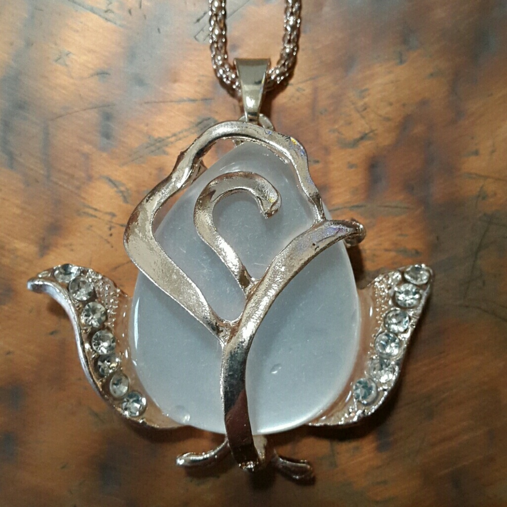 #307 Faux Opal Rose Rhinestone Crystal Gold-Tone Flower